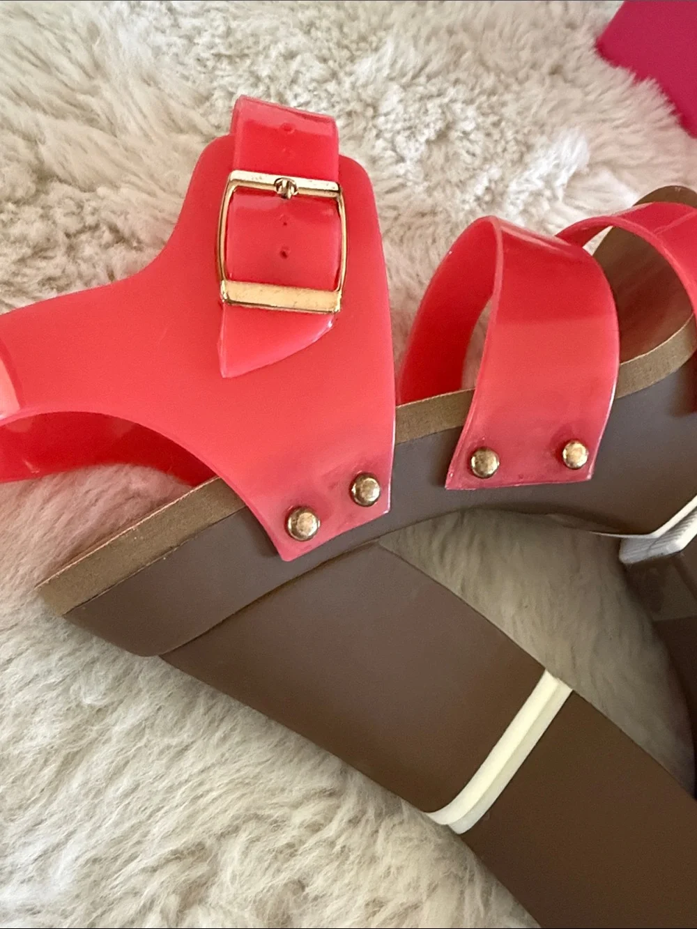 NATURE BREEZE Neon Coral Chunky Heel Jelly Platform Sandals - New